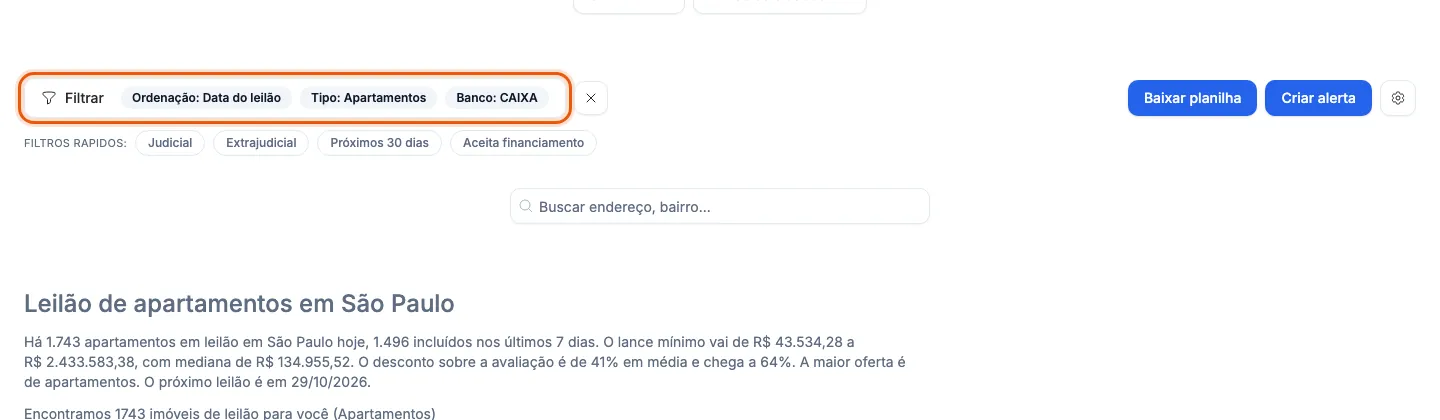 A busca de São Paulo filtrada por apartamentos da Caixa, com as etiquetas dos filtros.
