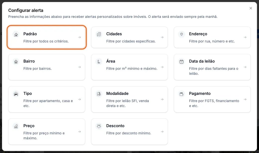A janela Configurar alerta aberta a partir da busca.