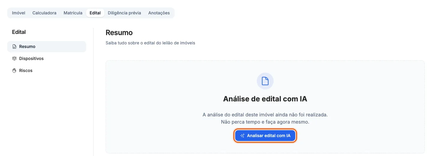 A aba Edital de um imóvel ainda sem análise, com o botão Analisar edital com IA.