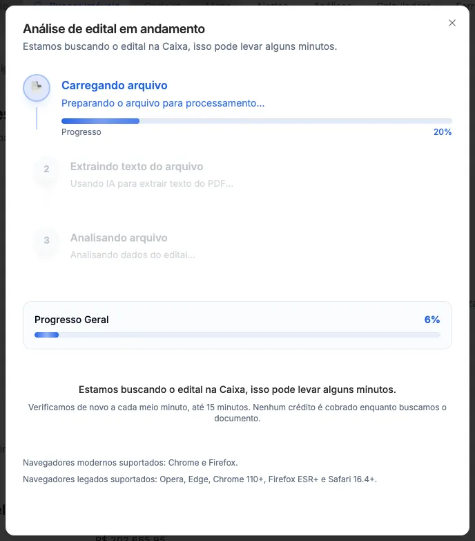 A janela Análise de edital buscando o edital de um imóvel da Caixa.