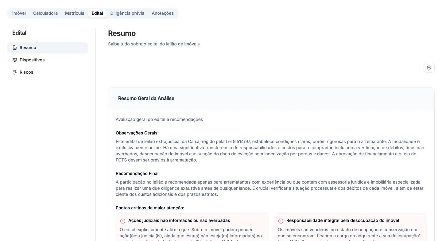 O Resumo da análise de um edital.