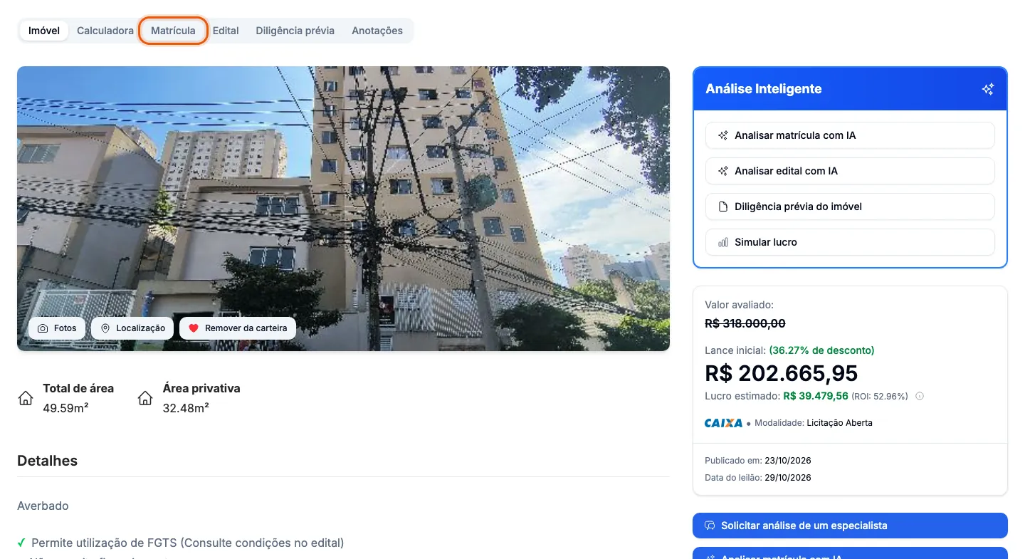 A aba Matrícula de um imóvel ainda sem análise.