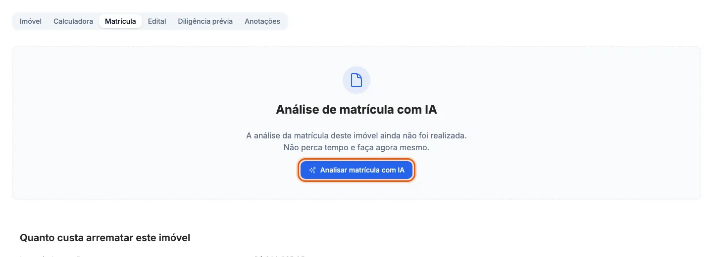 O botão Analisar matrícula com IA, na aba Matrícula.