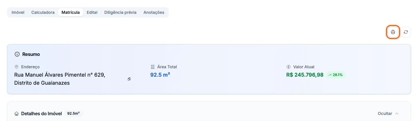 O botão de imprimir, no alto da análise de matrícula.