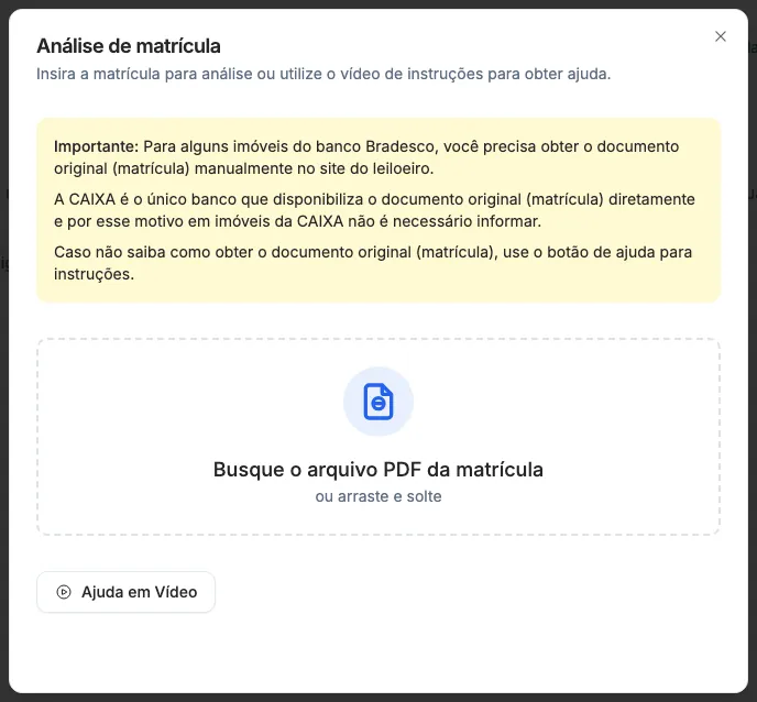 A janela Análise de matrícula pedindo o PDF, em um imóvel que não é da Caixa.
