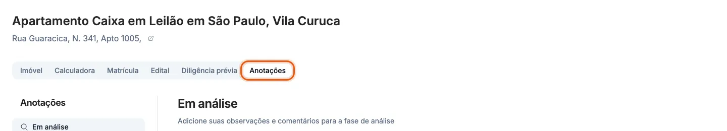 A aba Anotações na página do imóvel.