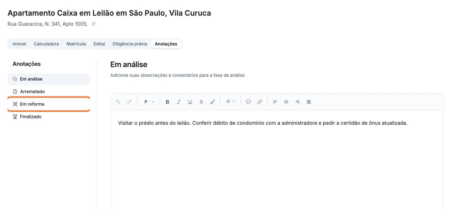 As fases da anotação, na lista à esquerda do editor.