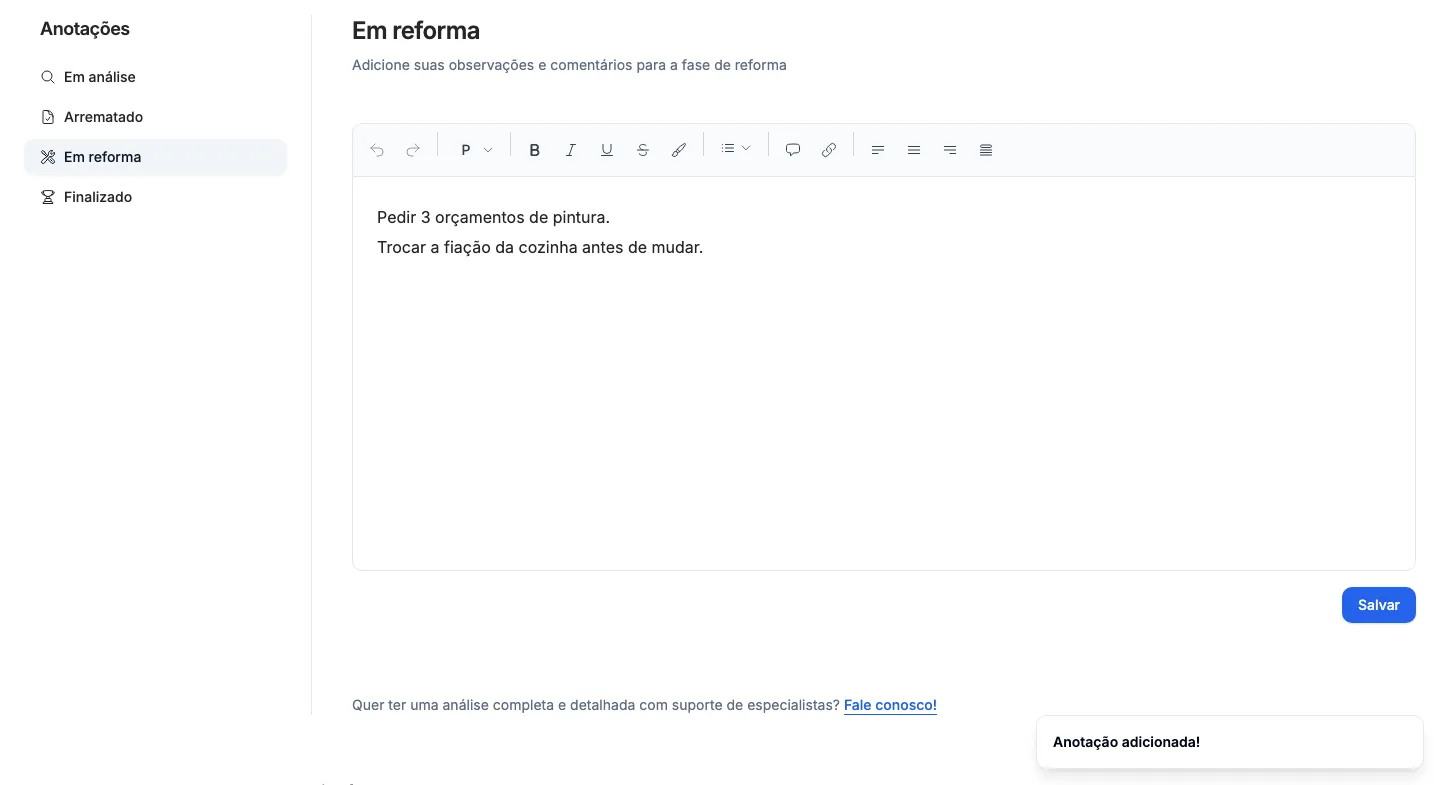 O aviso Anotação adicionada! depois de salvar.