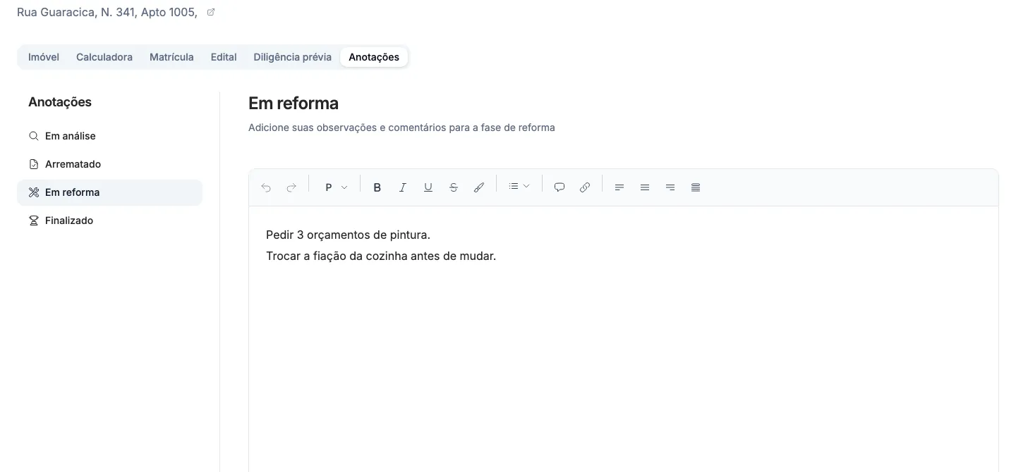 Uma anotação escrita na fase Em reforma.