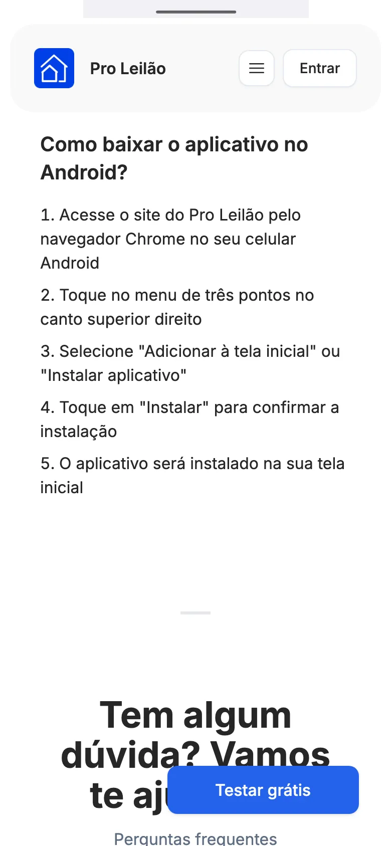 O passo a passo do Android na página Aplicativo do site.