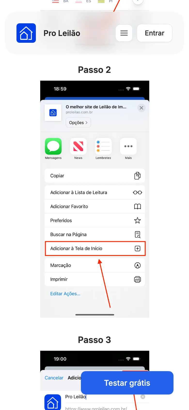O passo 2 da página Aplicativo: Adicionar à Tela de Início, no menu do Safari.