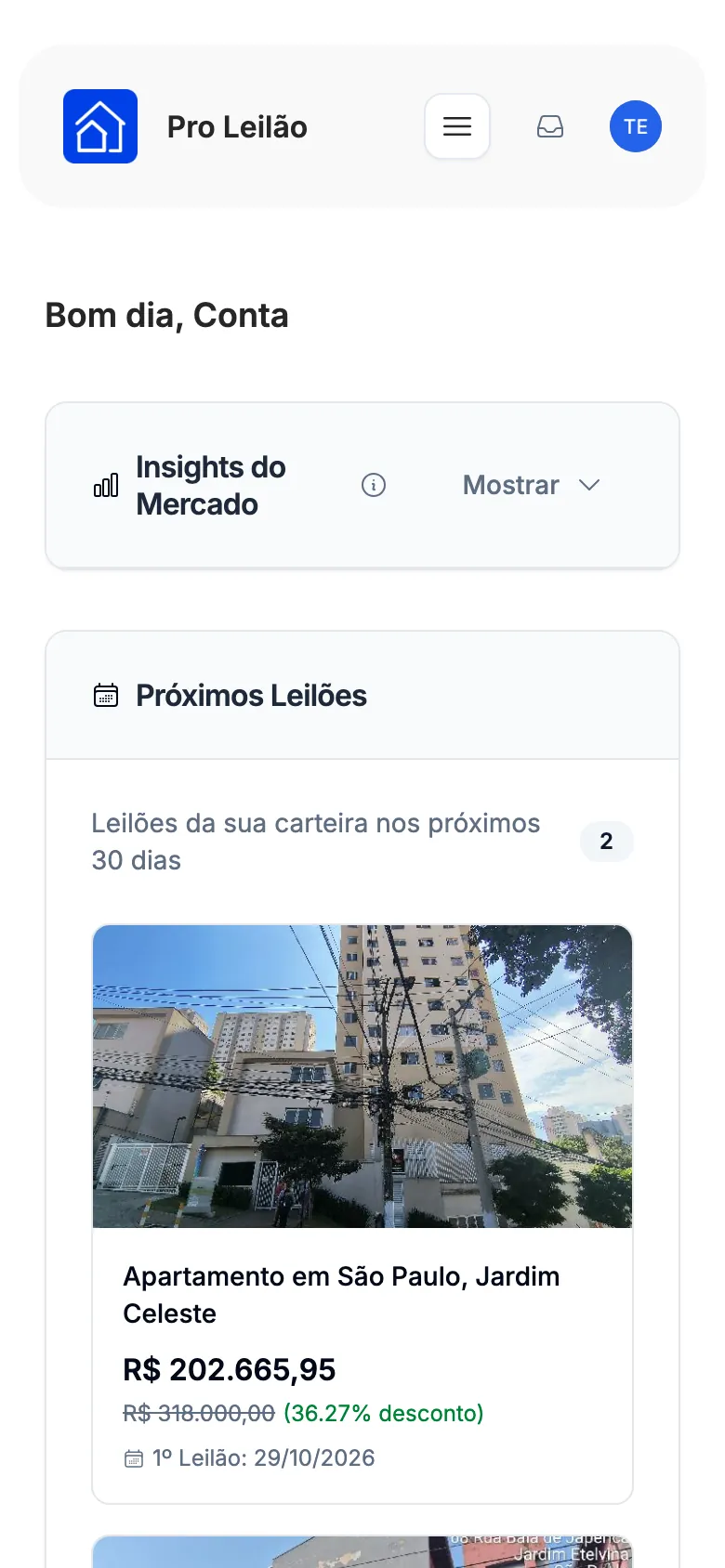 O painel inicial da conta no celular.