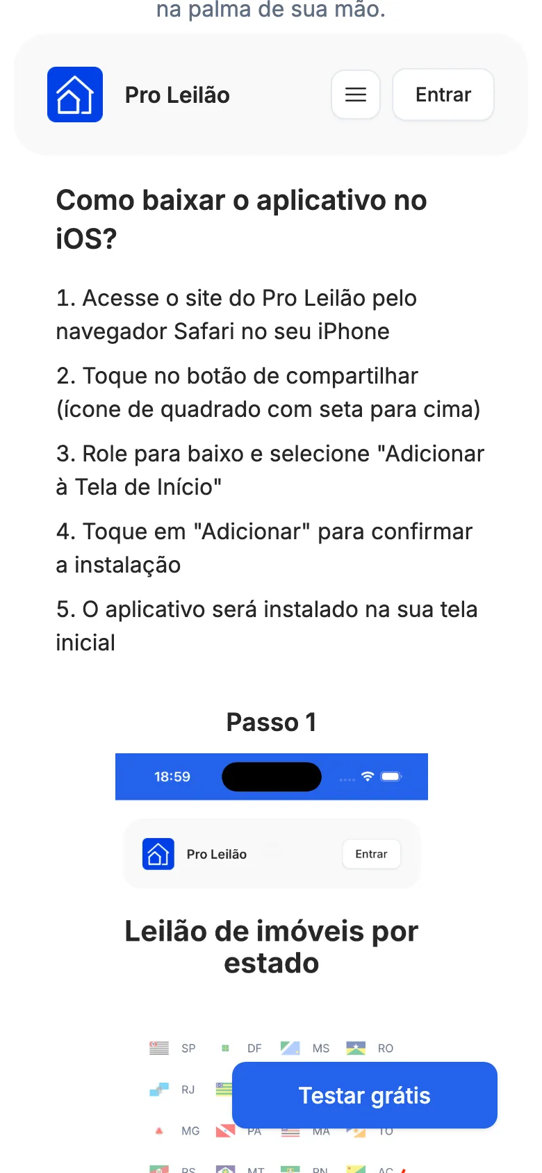 O passo a passo do iPhone na página Aplicativo do site.