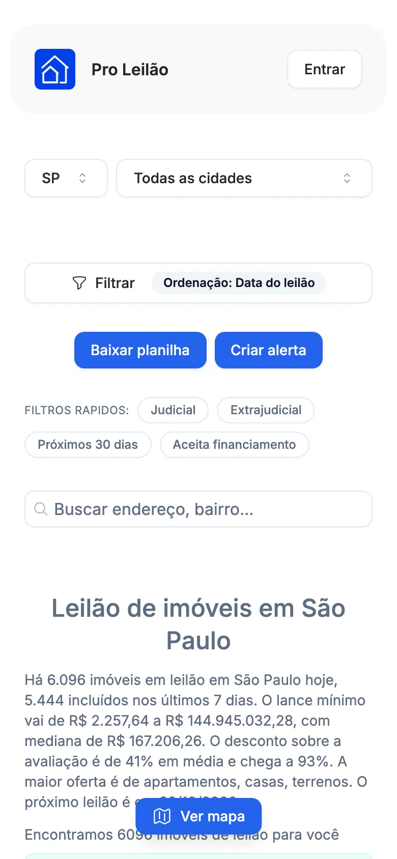 O Pro Leilão aberto no navegador do celular.