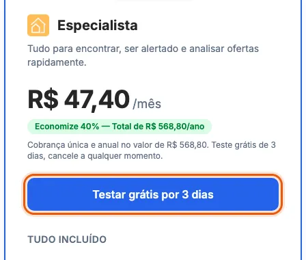 O botão de testar grátis, no cartão do plano pago.