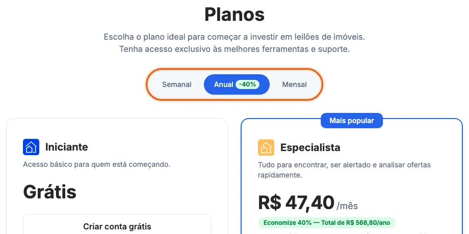 Os períodos e o preço do plano pago na página Minha Assinatura.