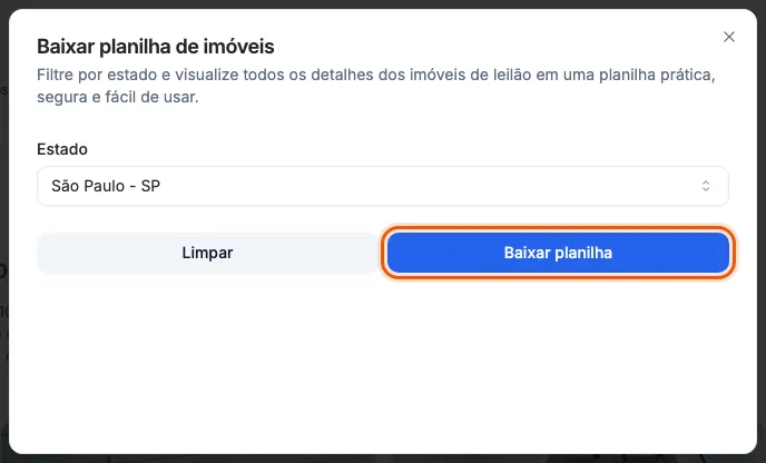 A janela Baixar planilha de imóveis, com o estado escolhido.