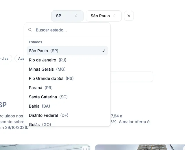 A lista de estados aberta, no alto da busca.