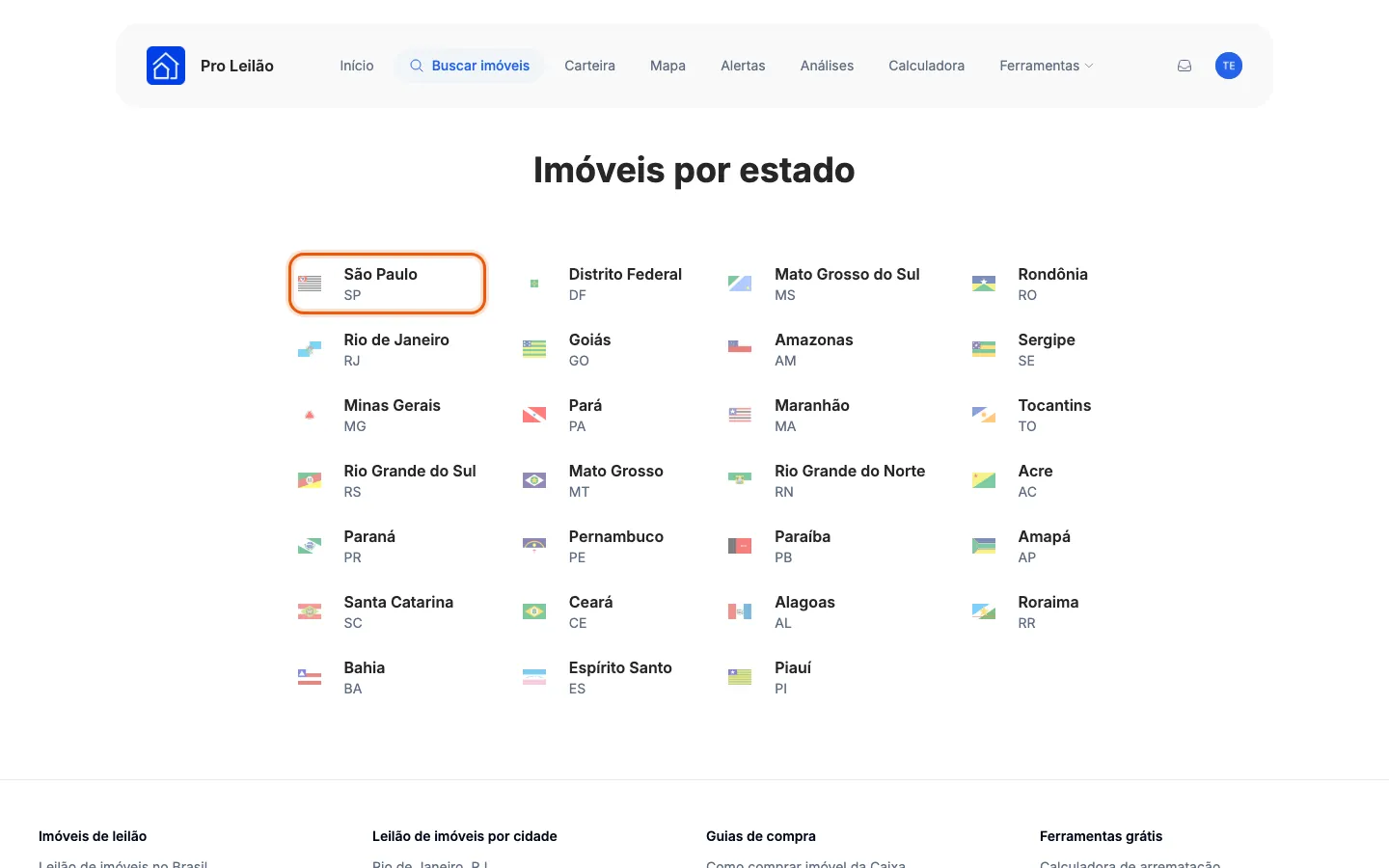 A lista de estados da busca, com São Paulo em destaque.