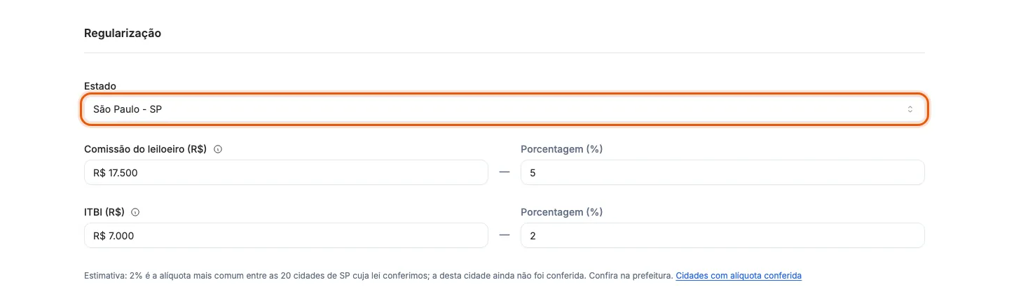 O campo Estado, em Regularização.