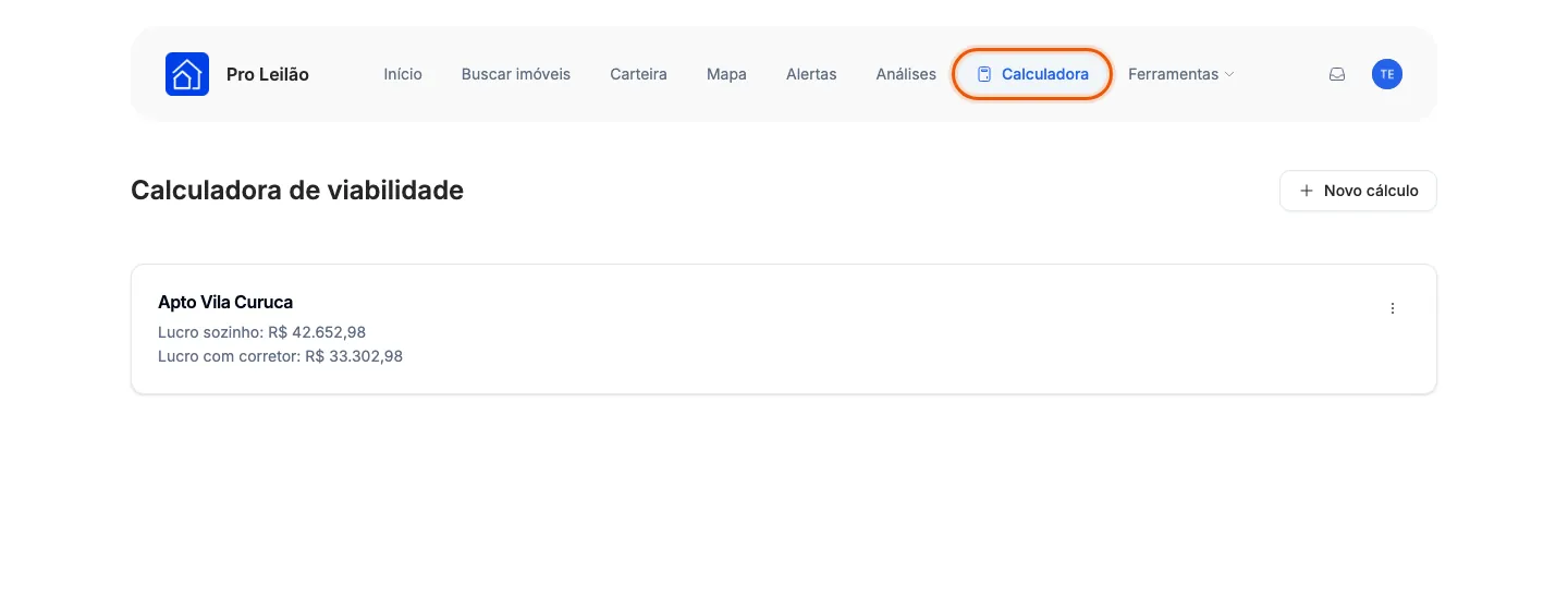 A página Calculadora de viabilidade com um cálculo salvo.