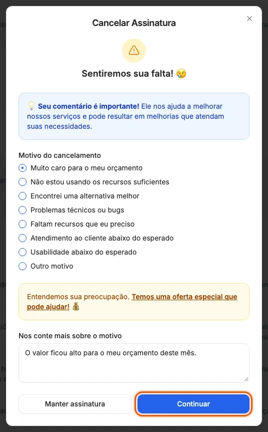 A janela de cancelamento, com o motivo escolhido.