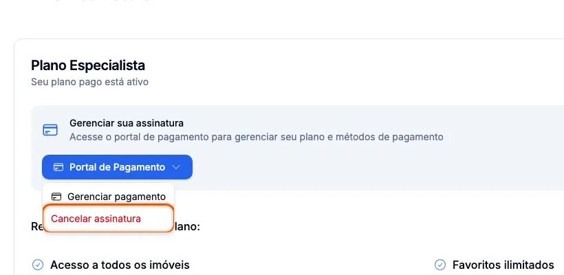 O menu Portal de Pagamento, com Cancelar assinatura.