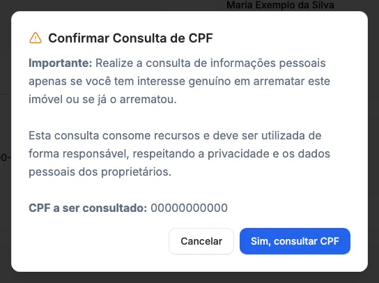 A janela Confirmar Consulta de CPF.