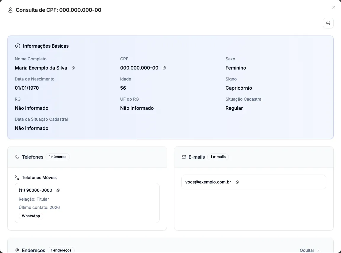 Resultado de uma consulta (dados de exemplo).