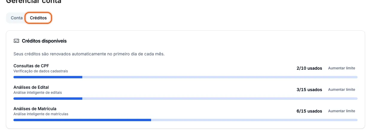 A aba Créditos, com o uso e o limite de cada crédito.