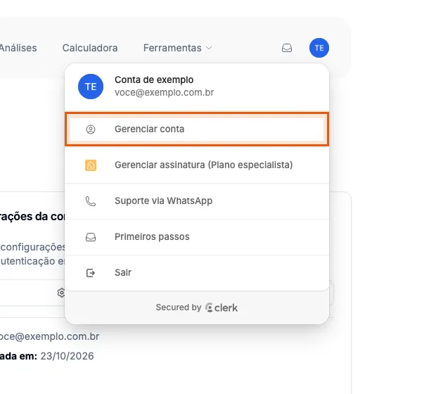 Gerenciar conta, no menu da conta.
