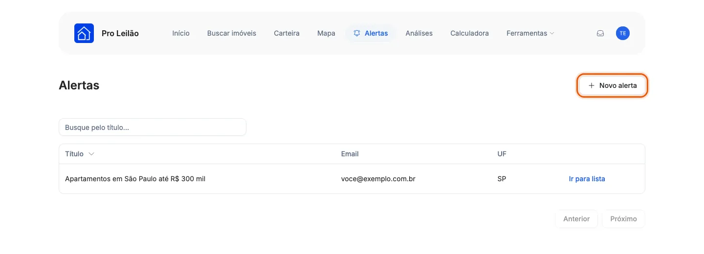 O botão Novo alerta, no alto da página Alertas.