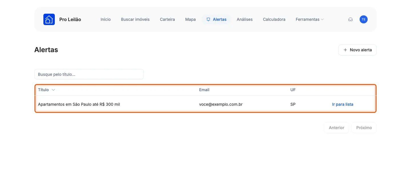 O alerta salvo na lista da página Alertas.