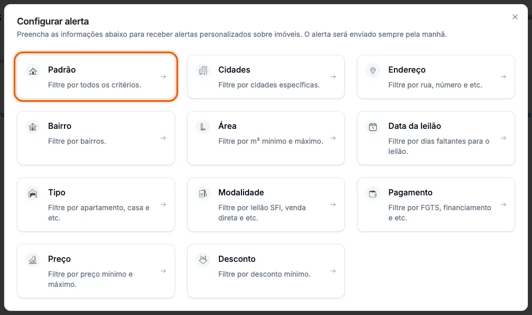 Os tipos de alerta na janela Configurar alerta.