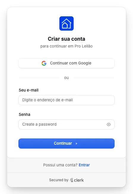 A tela Criar sua conta, com e-mail e senha.