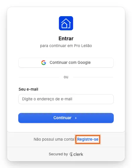 A tela de entrada, com o link Registre-se embaixo.