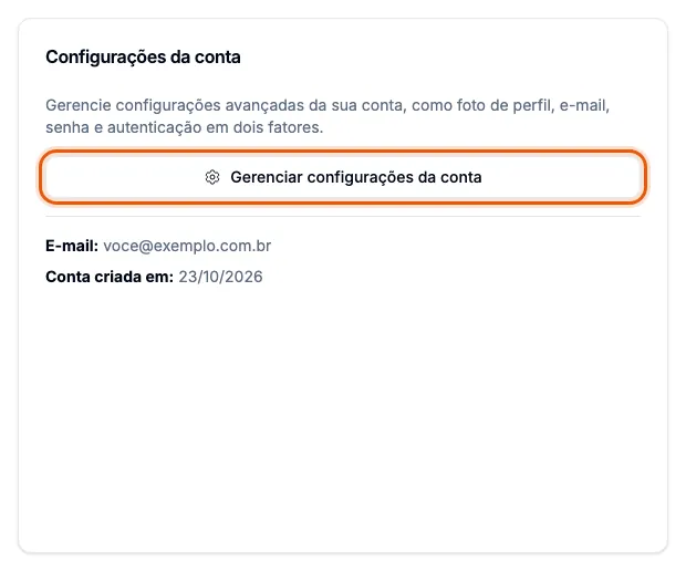 O cartão Configurações da conta.