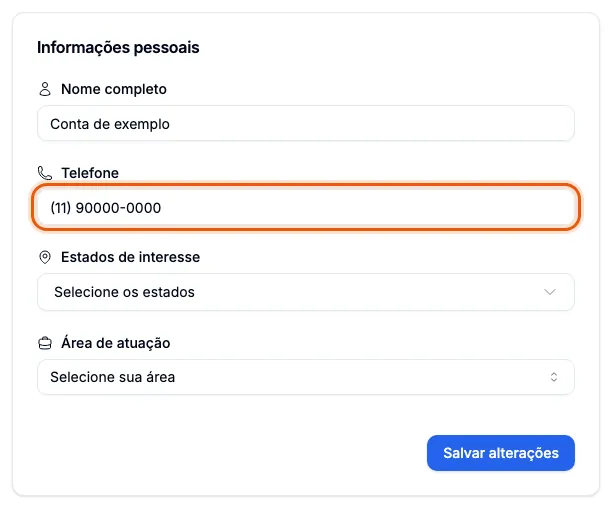 O cartão Informações pessoais, com o telefone mudado.