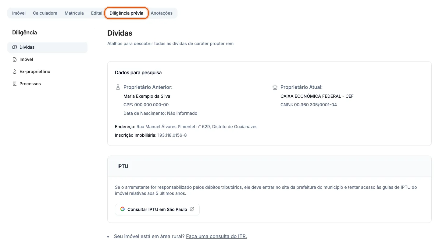 A seção de dívidas da diligência prévia de uma casa em São Paulo, SP.