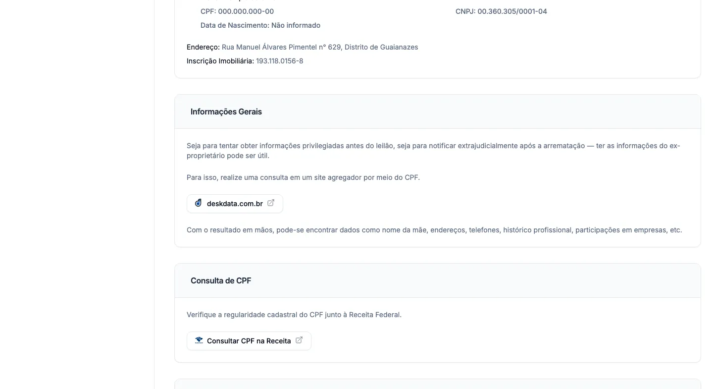 A seção Ex-proprietário, com nome e CPF de exemplo.