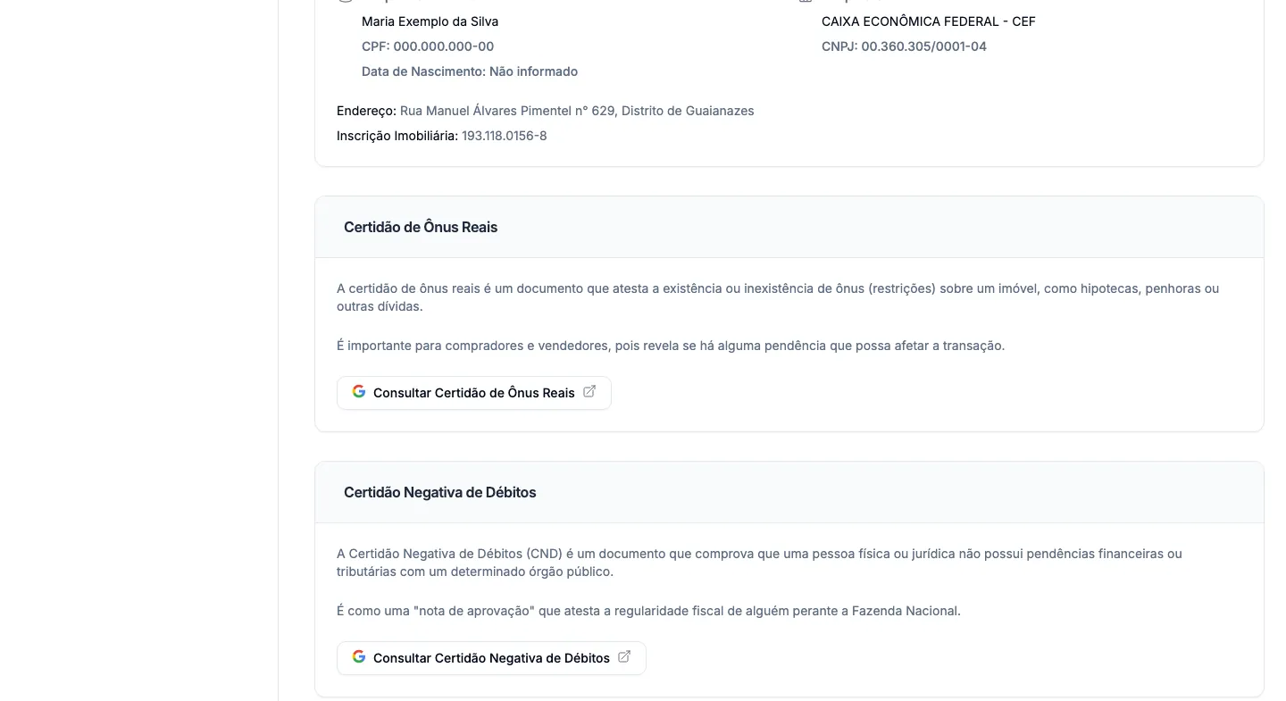 A seção Imóvel da diligência prévia.