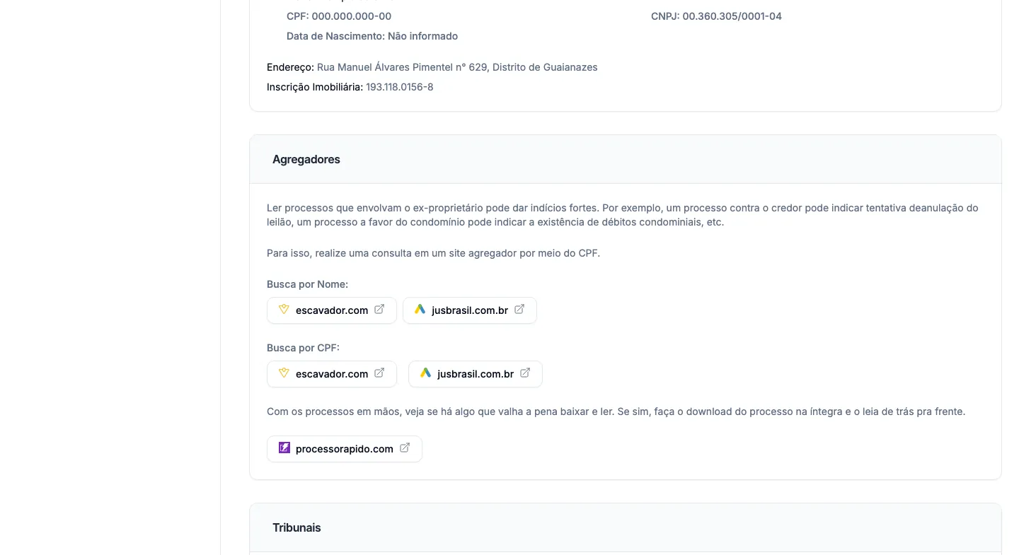 Os atalhos de busca de processos.