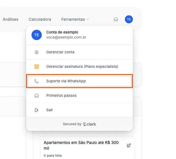 Suporte via WhatsApp, no menu da conta.