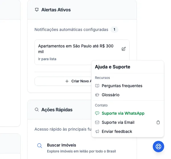 O menu Ajuda e Suporte, com WhatsApp, e-mail e sugestões.