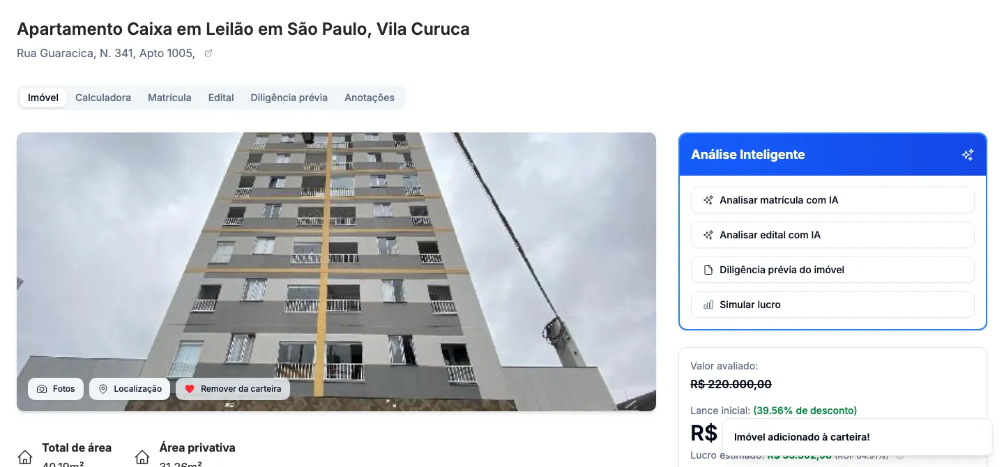 O aviso de imóvel adicionado e o botão Remover da carteira.