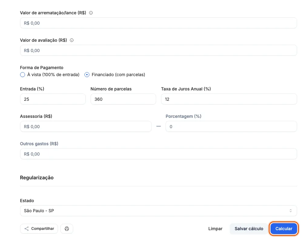 A calculadora de arrematação grátis, com o botão Calcular.
