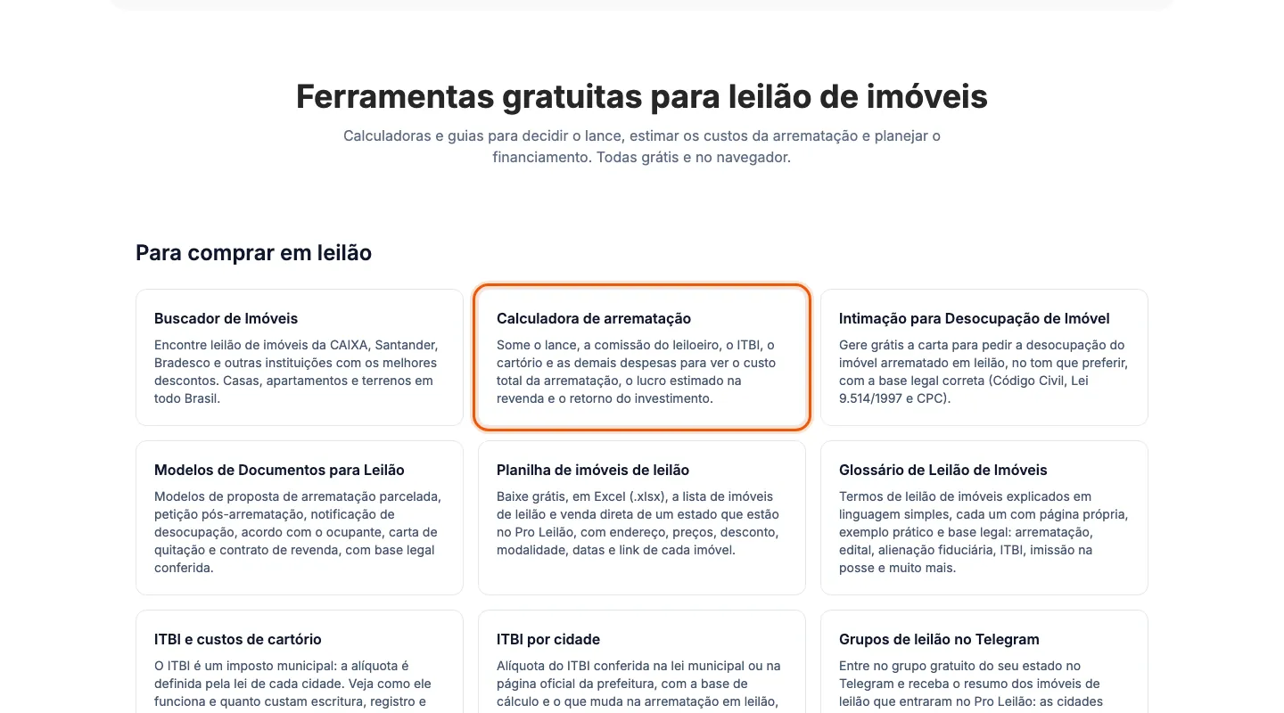 A lista de ferramentas grátis, com a calculadora de arrematação.