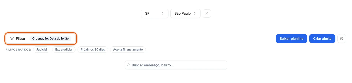 O botão Filtrar, acima da lista de imóveis.