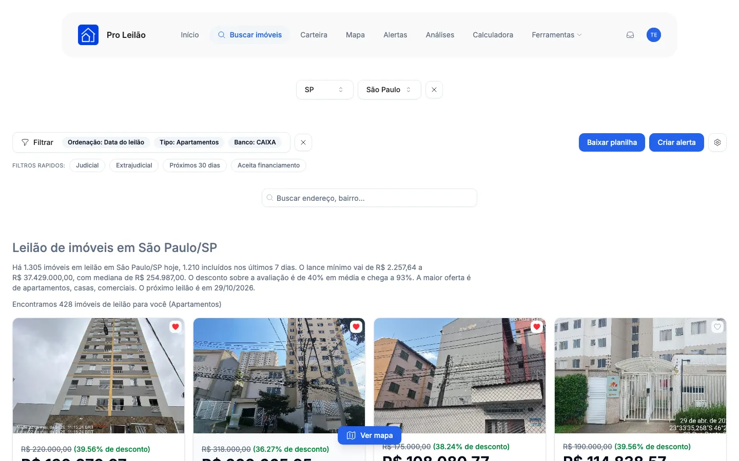 A lista filtrada, com as etiquetas Tipo: Apartamentos e Banco: CAIXA.