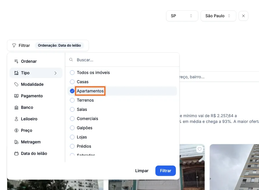 O grupo Tipo aberto, com Apartamentos marcado.